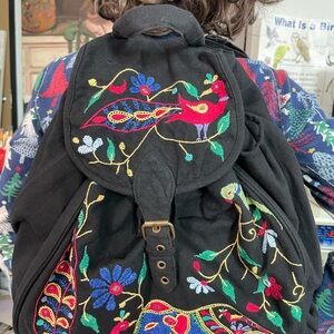Embroidered Black Backpack with Colorful Bird Design